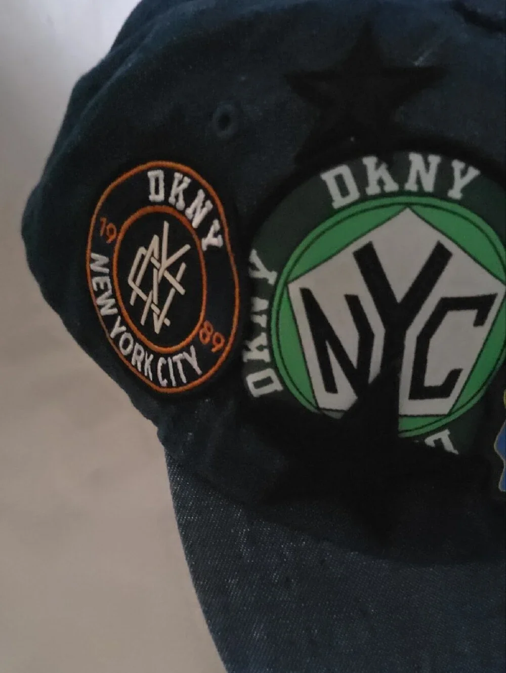 DKNY Denim Patch Cap - Blue with Green, Yellow & Black Accents
